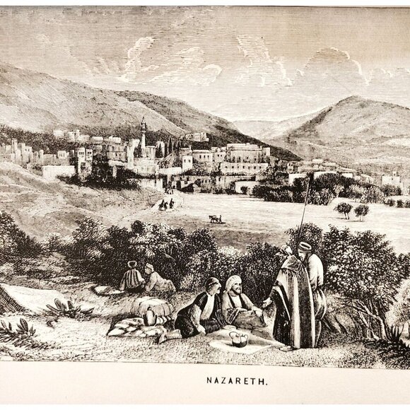 1873 Nazareth Woodcut & Engraving Victorian Bible Antique Biblical History F12A